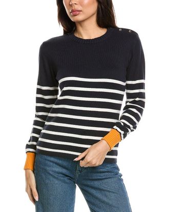 Brodie Button Stripe Crewneck Cashmere-Blend Sweater