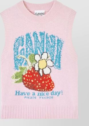 Ganni wool blend ribbed strawberry intarsia knit vest
