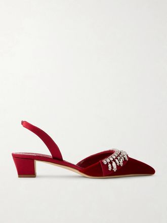 Manolo Blahnik D&eacute;collet&eacute; Slingback In Velluto Con Decorazioni Bequila 30 - Rosso
