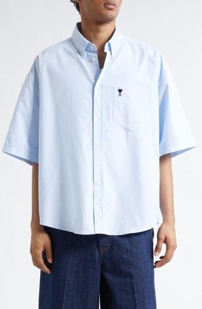Ami Ami de Coeur Embroidered Boxy Cotton Poplin Button-Up Shirt in Bleu Ciel at Nordstrom, Size 44