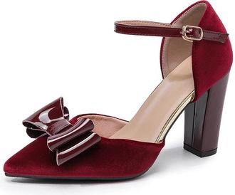 Generic Womens Bowknot Dress Velvet Ankle Strap Chunky Heels Closed Toe Pumps for Bridal Wedding Evening and Party (Wine Red,7.5)
