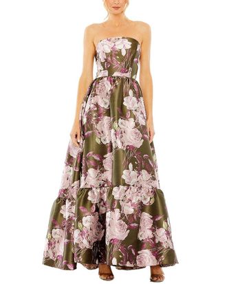 Mac Duggal Strapless Bottom Ruffle Floral Gown