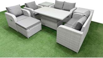 Fimous 7 Seater Outdoor Reclining Chair Love Sofa Set Rattan Garden Furniture Set with Adjustable Lifting Dining or Coffee Table Footstool Side Table Light