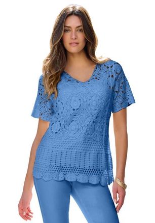 Roaman's Plus Size Medallion Pattern French Crochet Sweater Top in Horizon Blue at Nordstrom, Size Medium