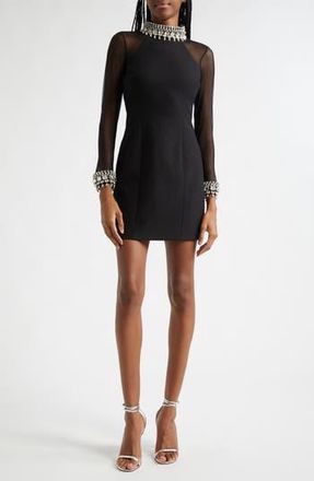 Cinq &agrave; Sept Crystal & Imitation Pearl Detail Long Sleeve Minidress in Black/Silver at Nordstrom Rack, Size 10