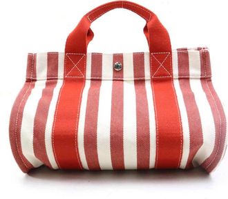 Herm&egrave;s Ivory Red Color Cotton Handbag Tote Bag (Pre-Owned)