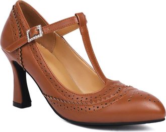 Generic Womens Sexy High Heel Dress Pumps T-Strap Vintage Brogues with Buckle Pointed Toe Party Prom Shoes,Brown,4.5 UK