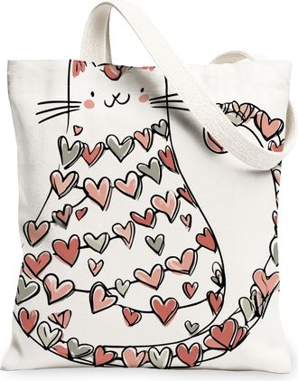 Generic Cute Cat Canvas Tote Bags, Heart Pattern Reusable Grocery Bags, Lightweight Washable Shoulder Strap Canvas for Shopping Tra, White, 13x15 Inch