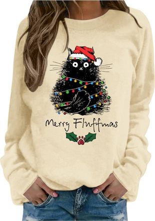Generic Christmas Jumpers for Women Christmas Cat Sweatshirts Black Cat Xmas Lights Shirt Crewneck Holiday Pullover Sweater Long Sleeve Pullover Blouse Crew N