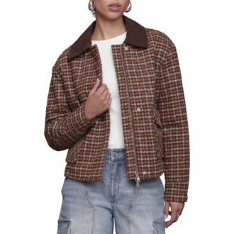 Avec Les Filles Oversize Tweed Bomber Jacket in Brown/Blue Plaid at Nordstrom Rack, Size Large