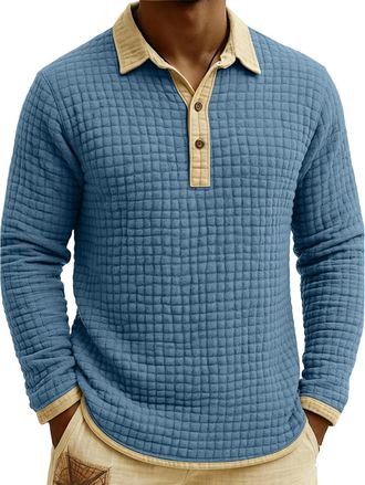 Generic Long Sleeve Polo Shirts Mens Plus Size Mens Waffle Knit Polo Shirt Breathable Design with 3-Button Collar Blue XL