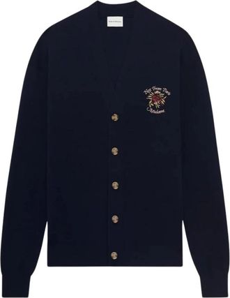 Dr&ocirc;le de Monsieur Le Cardigan Slogan Rose - Heren - Vesten - Blauw - XL - Wol - Truien & Vesten