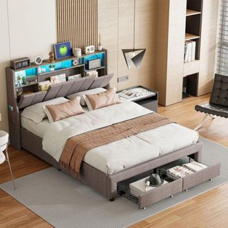 OEM Cama Doble 140x200 - Cama Cofre Moderna - Almacenamiento Con Cajones - Iluminaci&oacute;n Rgb - Gris