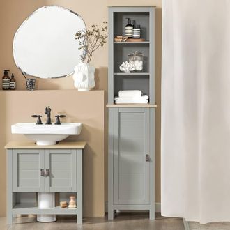 SoBuy Bathroom Tall Cabinet - Space-Saving Slim Design in Light Grey