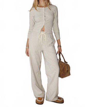 Bailey Rose Coastal Striped Drawstring Lounge Pants In Cream