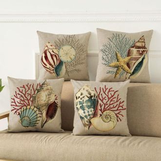 OEM Housse De Coussin - 45 X 45 Cm - Motif Coquillage Oc&eacute;an - Lin M&eacute;lang&eacute; - Pour Canap&eacute; Chambre Bureau - Lot De 4
