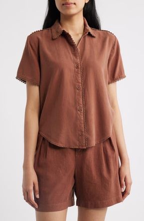 Cloth & Stone Picot Trim Short Sleeve Button-Up Shirt in Sunrise Mocha at Nordstrom, Size X-Large