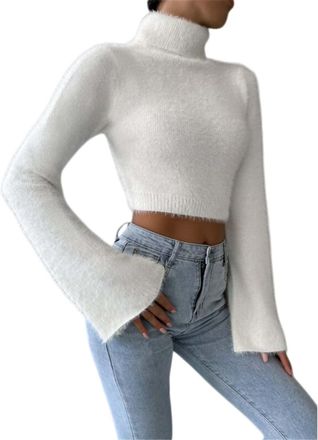 Generic WomenS Trutleneck Crop Pullover Tops,Bell Sleeve Stylish Solid Color Sweater,2025 Winter Fall Sweater (White,l)