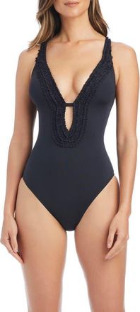 Bleu Rod Beattie Ruffle Keyhole Cross Back One-Piece Swimsuit in Black at Nordstrom, Size 14