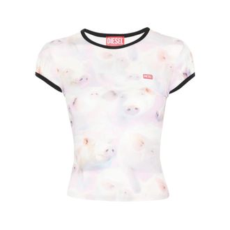 Diesel T-Shirts, female, White, Size: XS Printed Ringer Trim Short Sleeve Top