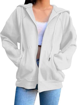 Generic OVARA Womens Zip Up Hoodie Lightweight Sport Jacket with Hood Warm Long Sleeve Zipped Sweatshirt with Pockets Plain Loose Fit Oversized Zip Hoodies fo