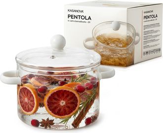 KASANOVA Pentola 2 L vetro borosilicato con coperchio manici bianchi