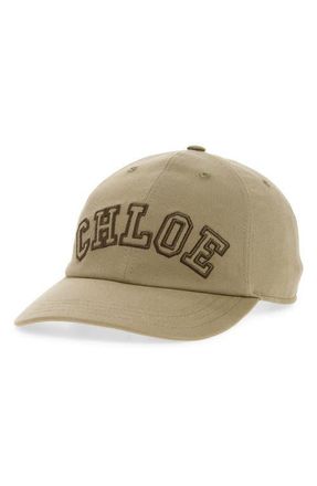 Chlo&eacute; Signature Logo Embroidered Adjustable Baseball Cap in Deep Khaki at Nordstrom, Size Medium