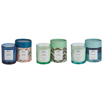 Beliani Conjunto De 3 Velas Arom&aacute;ticas 100% Cera De Soja Mecha De Algod&oacute;n Vidrio Floral Oriental Fragancia De Hierbas Salvia Sal Marina Oc&eacute;ano/orqu&iacute;dea Aloha 