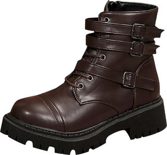 Generic Womens Combat Boots PU Leather Platform Chunky Sole Round Toe Ankle Booties With Side Zipper Elegant Stylish Ladies Casual Shoes Autumn Winter size 3.