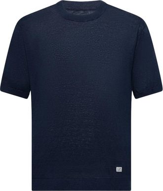 C.P. Company Linnen Gebreid T-shirt - Heren - Ronde hals truien - Blauw - L - Linnen - Truien & Vesten