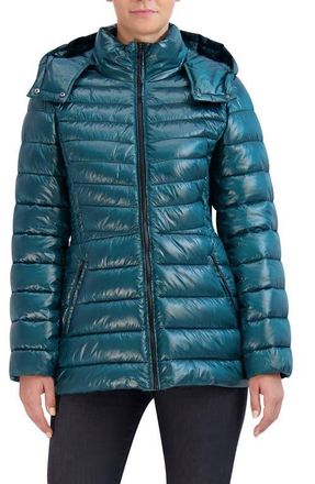 Cole Haan Pearlized Mixed Quilt Hooded Puffer Coat in Emerald at Nordstrom, Size Small