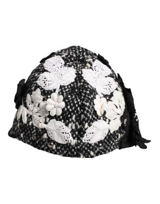 Dolce & Gabbana Womens Black Wool White Floral Embellished Cloche Hat And