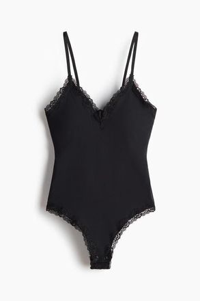 H&M Seamless Lace-trimmed Body in Black at Nordstrom, Size X-Small