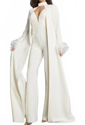Jovani Plunging V-Neck With Cape Jumpsuit In Ivory