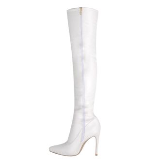 Generic White,7.5 UK,Side Zipper Stiletto Heels Thigh High Boots for Women Pointy Toe Comfy Over The Knee Boot Patent Leather PU Wedding Party Dress Shoes