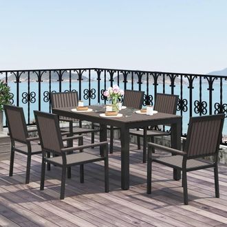 OUTSUNNY 6 Seater Aluminium Garden Dining Set with Stackable Chairs, Brown in Dark Brown