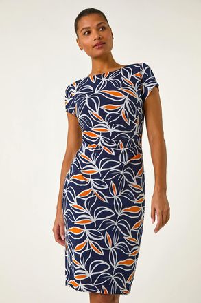 Roman Leaf Print Puff Stretch Midi Dress