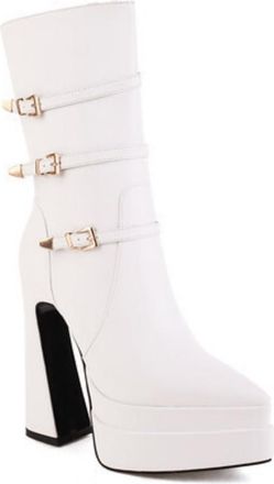 Generic Womens High Heeled Platform Boots with Buckle Pointed Toe Mid-Calf Boots PU Leather Short Boot with Zipper,White,6.5 UK