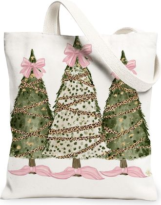 Generic Christmas Trees Canvas Tote Bags, Decorative Holiday Tree Pattern Reusable Grocery Bags, Vintage Lightweight Washable Shoul, White, 13x15 Inch