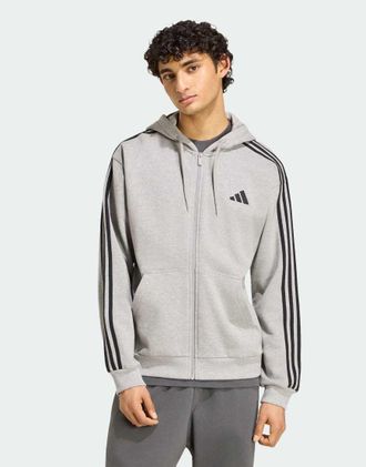 adidas Essentials - Felpa con cappuccio e zip in spugna grigio m&eacute;lange medio e bianca con 3 strisce