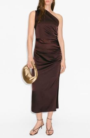 Mango Ruched One-Shoulder Midi Dress in Brown at Nordstrom Rack, Size 6