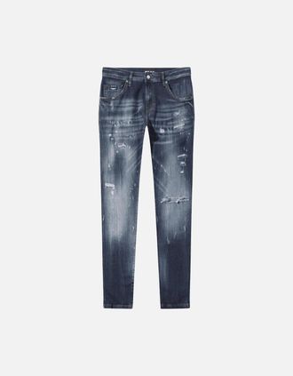 Police Mens LAT 977 Slim Fit Dark Blue Ripped Wash Jeans - Black