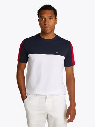 Tommy Hilfiger T-Shirt TOMMY HILFIGER GLOBAL STRIPE COLOURBLOCK TEE, Herren, Gr. M, weiss (wei&szlig;), Single Jersey, Obermaterial: 100% Baumwolle, regular fit, Rundhals,
