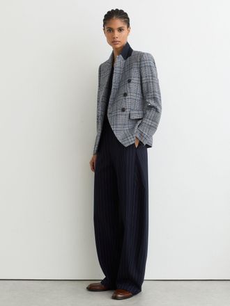 Reiss Navy Check Petite Double-breasted Blazer Cotton-linen, 14