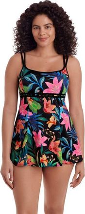 Longitude Empire Princess Seam Long Torso Swim Dress in Midnight Black Plumeria at Nordstrom, Size 18