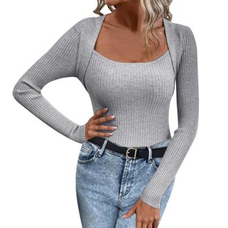 Generic Womens Warm Tops Ladies Lightweight Jumpers Womens Sexy Slim Solid Color Square Neck Knitting Sweater in Autumn and Winter Jumper Women (Grey, XL)