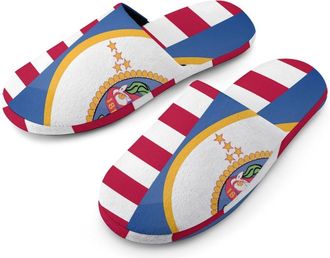 Generic Flag of U.S. And Minnesota Flannel Mens Slip-on Slippers Winter Warm House Shoes with Rubber Sole for Home Hotel