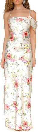 Avec Les Filles Floral Print Asymmetric Satin Maxi Dress in Cream Flower Press at Nordstrom, Size 14