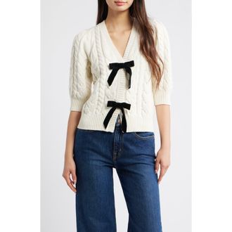 Rails Clarissa Velvet Bow Cotton & Merino Wool Blend Cable Sweater in Ivory Cables at Nordstrom Rack, Size Xx-Small