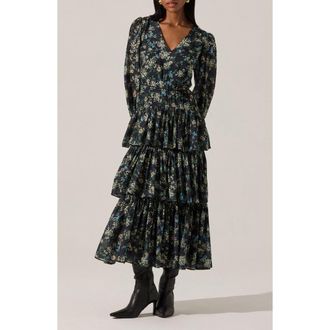 ASTR the Label Franchesca Floral Long Sleeve Tiered Cotton Blend Dress in Black Green Floral at Nordstrom Rack, Size X-Small